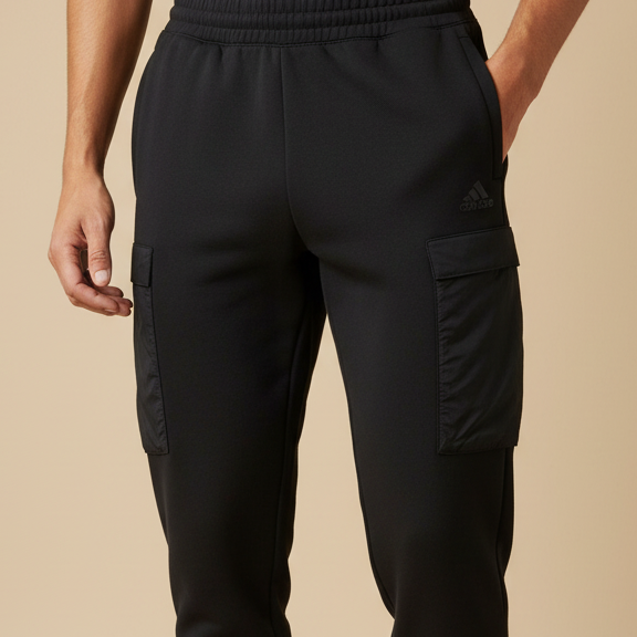 ADIDAS PANTALONE UOMO IY1486 nero primo piano tasconi logo gommato