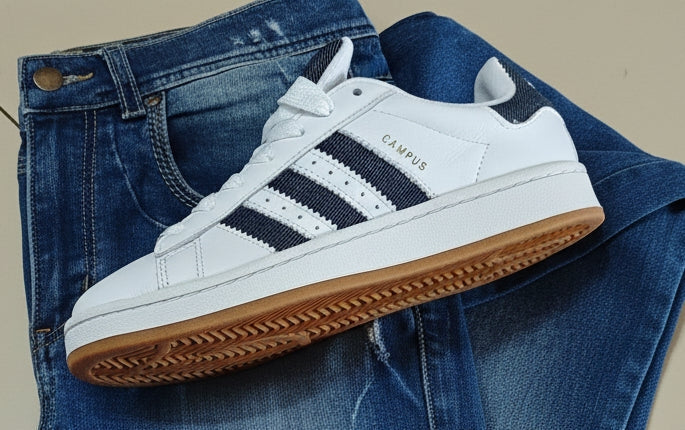 Dettaglio suola beige Sneakers ADIDAS ORIGINALS CAMPUS 00s JQ7439 in pelle bianca e strisce in Denim 