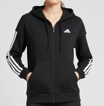 Modella indossa ADIDAS FELPA DONNA JE1283 nera 3 stripes primo piano 