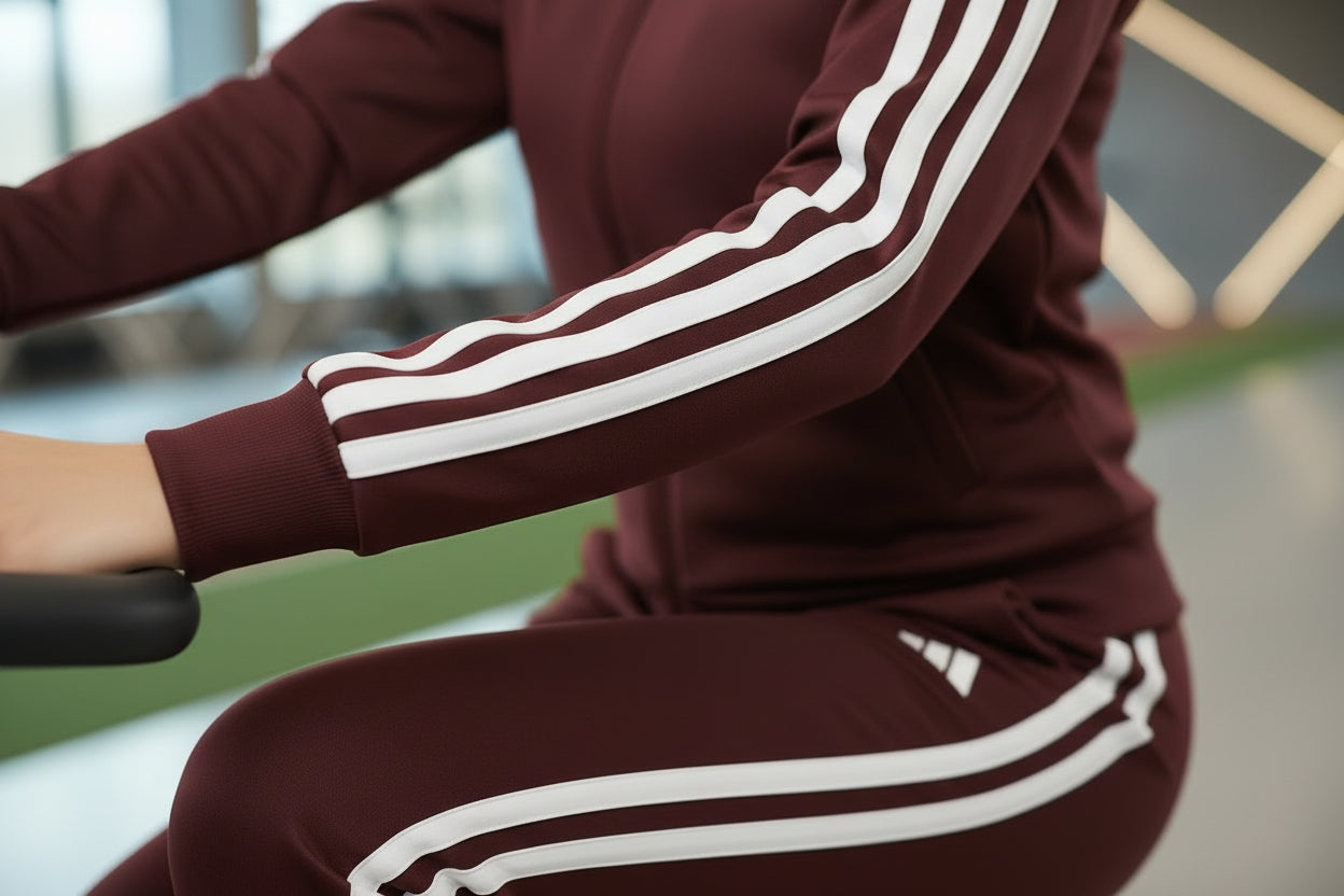 Modella indossa TUTA ADIDAS DONNA JD2683 VINACCIO completa dettagli 