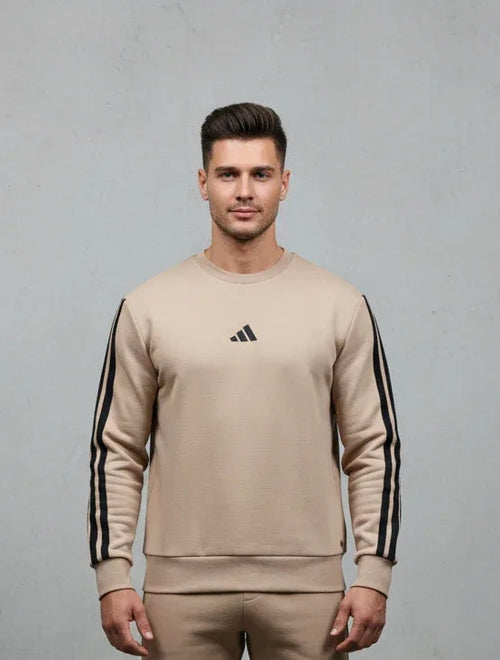 Uomo frontale ADIDAS FELPA GIROCOLLO JX0702 beige 3 strisce nere 