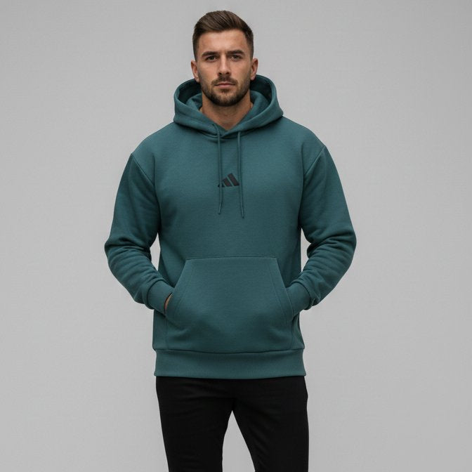 ADIDAS FELPA TURCHESE UOMO KB7650 LOGO CENTRALE CAPPUCCIO TASCHE MARSUPIO 