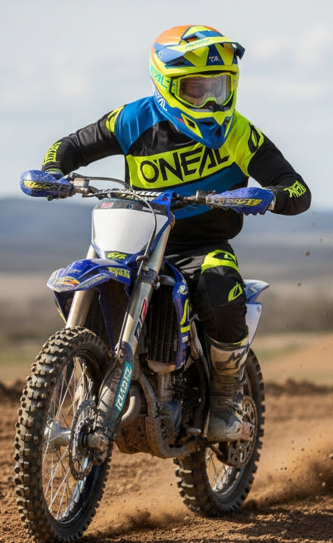 CASCO O'NEAL 3SRS SOLID V.26 blue/neon Indossato da motociclista equipaggiato ed in azione in moto su ambientazione terreno 